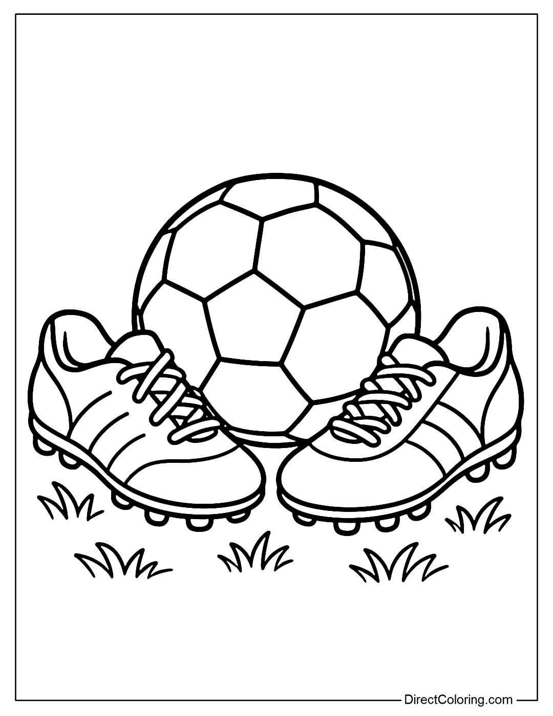 Coloring page of soccer shoes and a ball placed in the middle of the grass field.